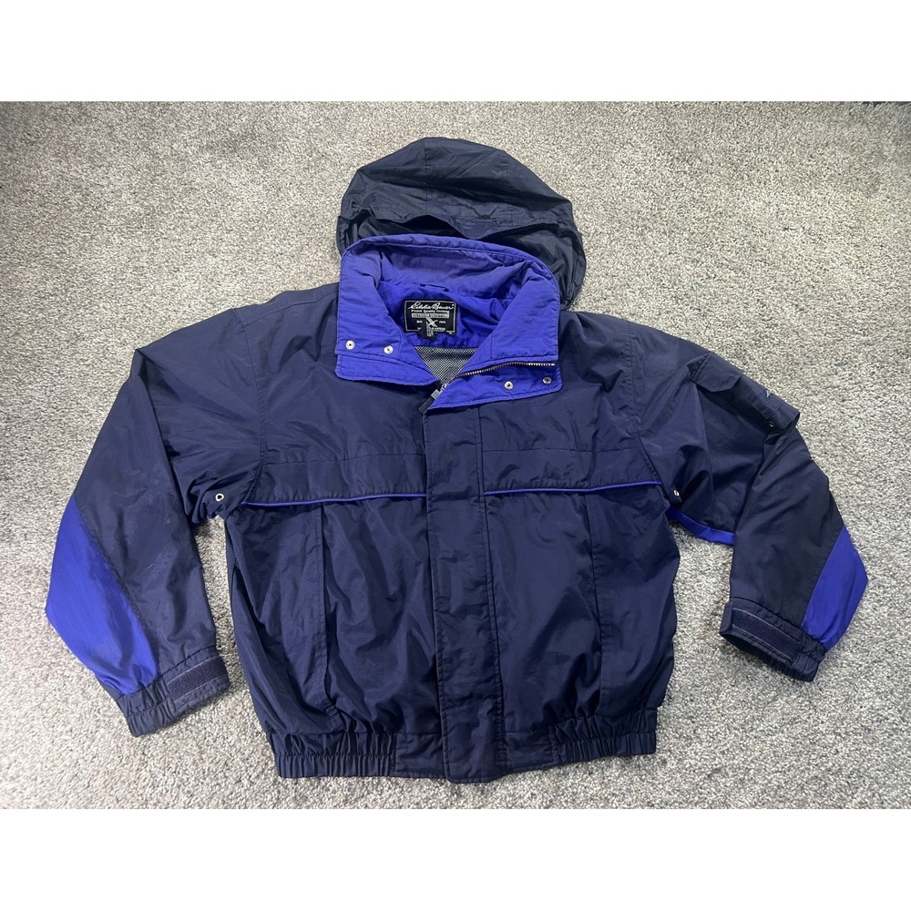 Vintage 90s Eddie Bauer Mens Blue/Purple Bomber Hooded Windbreaker Jacket Medium
